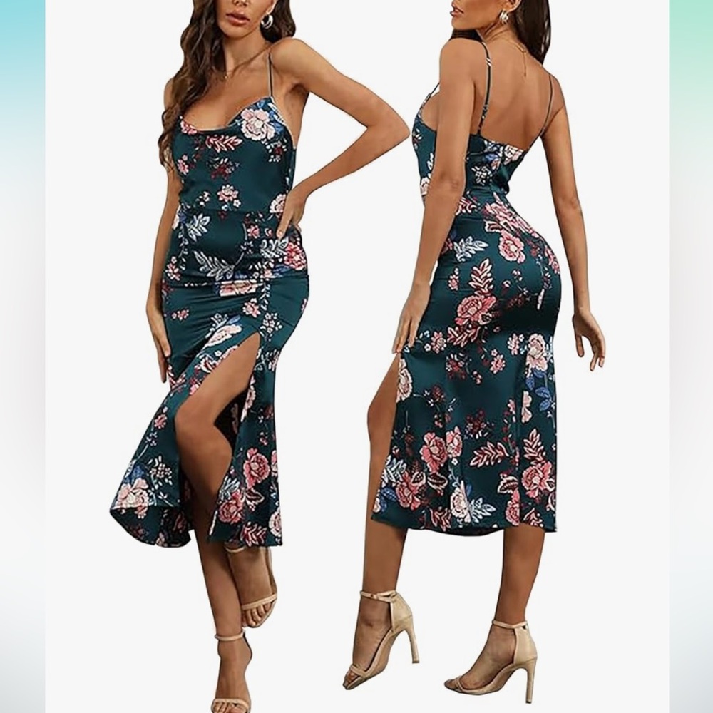 Floral Evergreen Spaghetti Strap Midi Dress